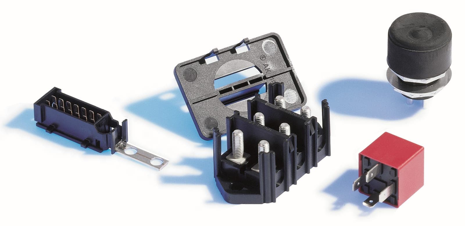 Wire connectors, plastic parts, push-bottons, diode boxes