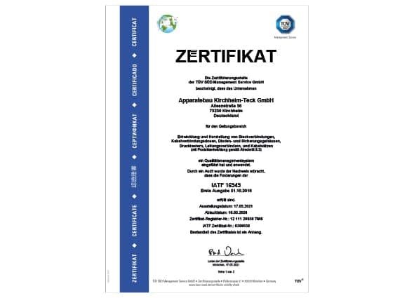 Zertifikat IATF 16949 der Apparatebau Kirchheim-Teck GmbH